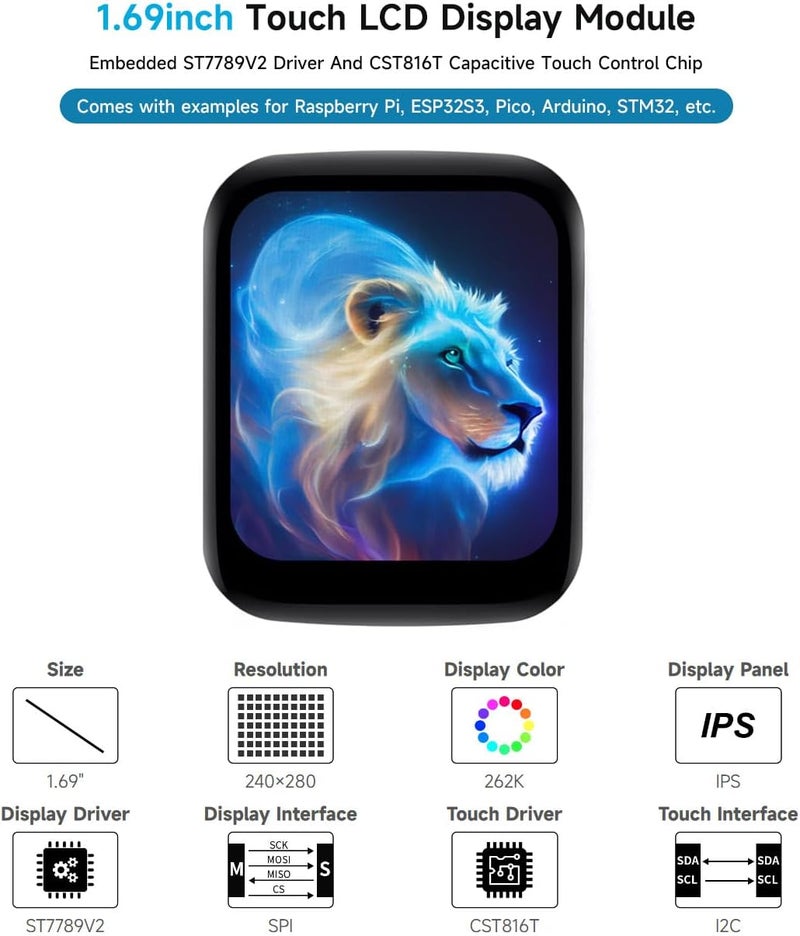 Waveshare شاشة LCD دائرية بحجم 1.69 بوصة، متوافقة مع Raspberry Pi 5، وحدة عرض مع لوحة لمس، شاشة LCD صغيرة، دقة 240×280، IPS، اتصال SPI و I2C، 262K لون عرض - Image 3